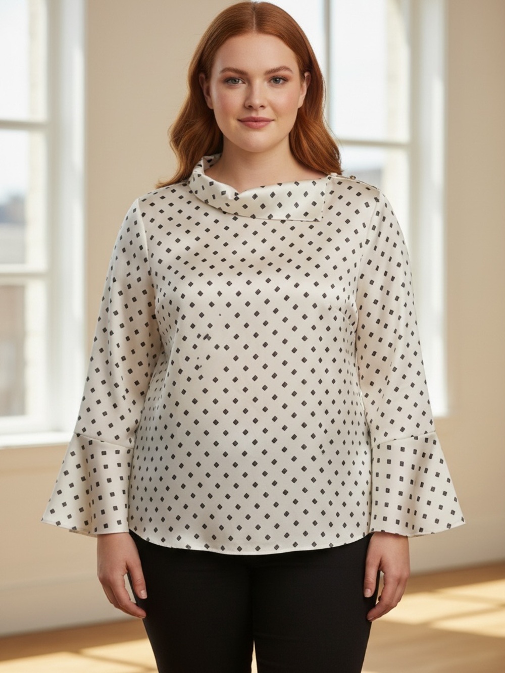 Vince Camuto Cream Satin Blouse with Black Diamond Print - Picture 2 of 8
